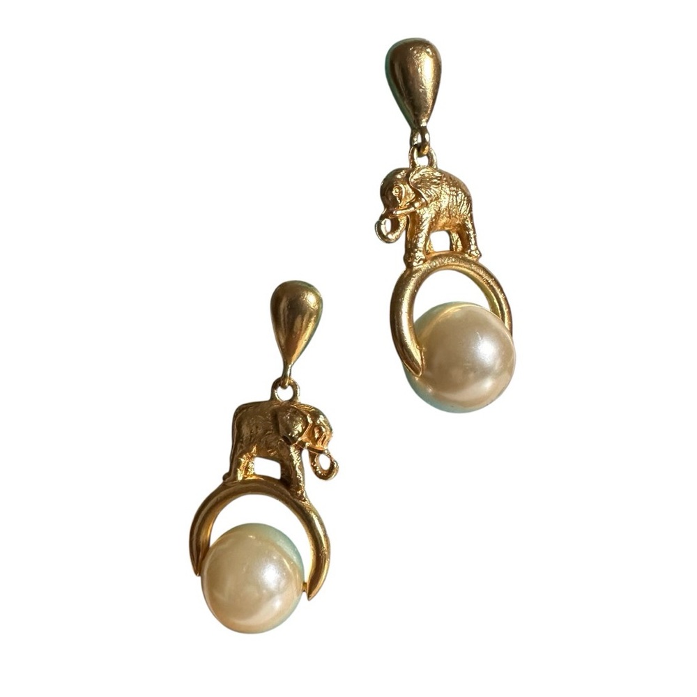 Gold Tone Elephant Faux Pearl Earrings